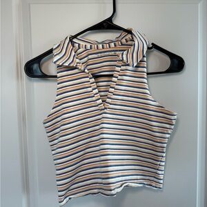 Striped Sleeveless Polo Crop Top in Blue, Tan & White